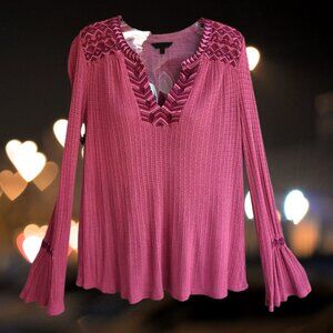 Lucky Brand Womens Top Blouse Long Bell Sleeves Embroidered Mauve Size M